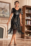 Preto Champange V Neck Fringe 1920s Gatsby vestido com lantejoulas