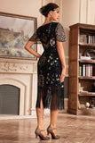 Preto Champange V Neck Fringe 1920s Gatsby vestido com lantejoulas