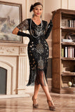 Preto Champange V Neck Fringe 1920s Gatsby vestido com lantejoulas