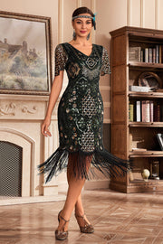 Verde escuro V Neck Fringe 1920s Gatsby vestido com lantejoulas