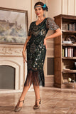 Verde escuro V Neck Fringe 1920s Gatsby vestido com lantejoulas