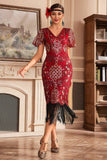 Red V Neck Fringe 1920s Gatsby vestido com lantejoulas