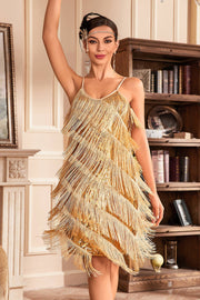 Alças Esparguete Douradas Franjas Roaring 20s Grande Vestido Gatsby