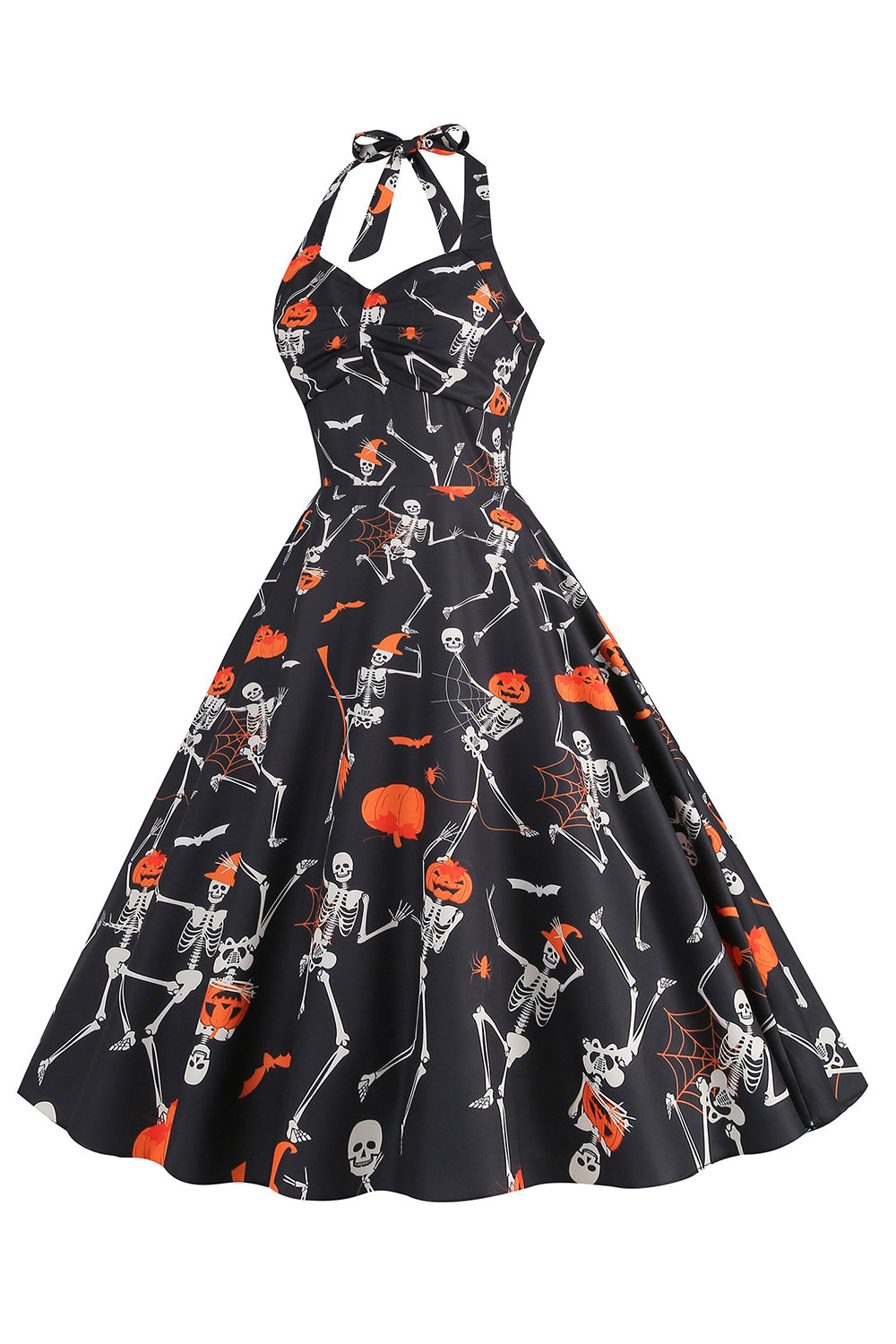 Halloween Preto Halter Abóbora Estampado 1950 Vestido