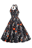 Halloween Preto Halter Abóbora Estampado 1950 Vestido