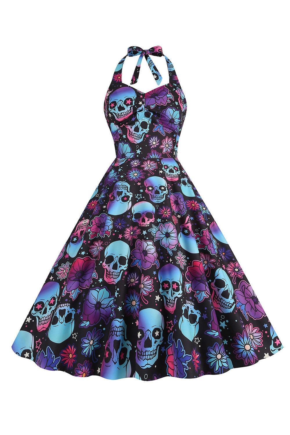 Halloween Preto Halter Abóbora Estampado 1950 Vestido