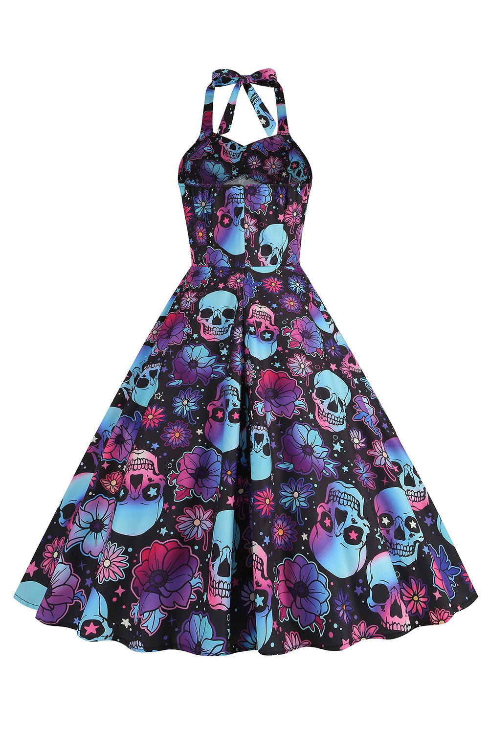 Halloween Preto Halter Abóbora Estampado 1950 Vestido