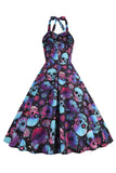 Halloween Preto Halter Abóbora Estampado 1950 Vestido