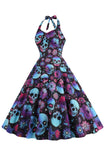 Halloween Preto Halter Abóbora Estampado 1950 Vestido
