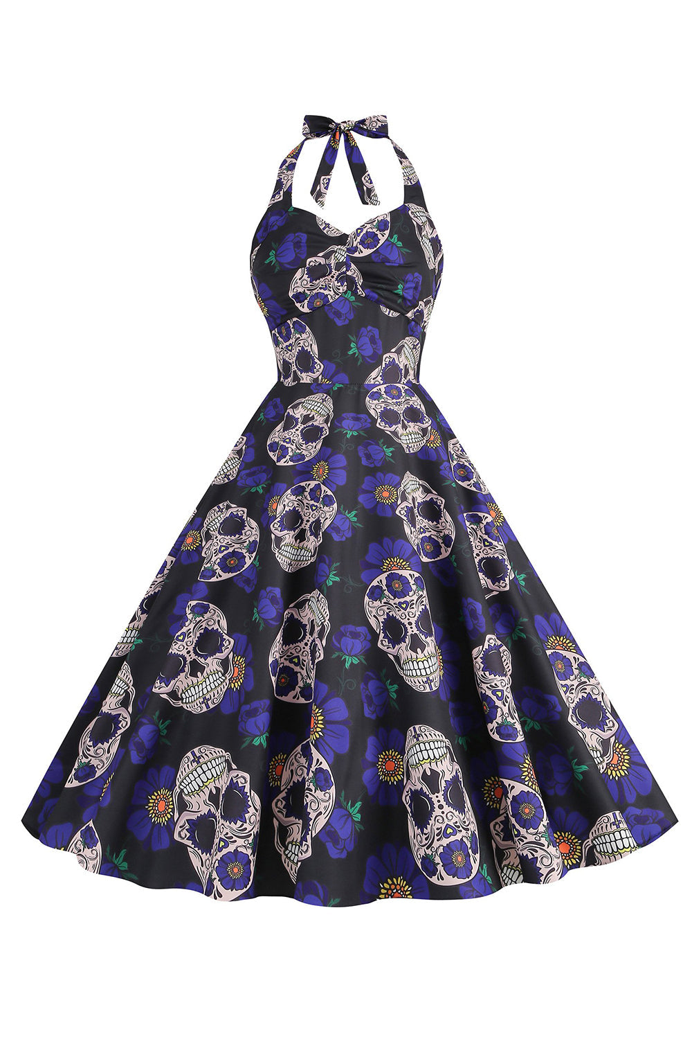 Halloween Preto Halter Abóbora Estampado 1950 Vestido