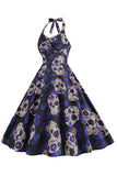 Halloween Preto Halter Abóbora Estampado 1950 Vestido