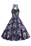 Halloween Preto Halter Abóbora Estampado 1950 Vestido