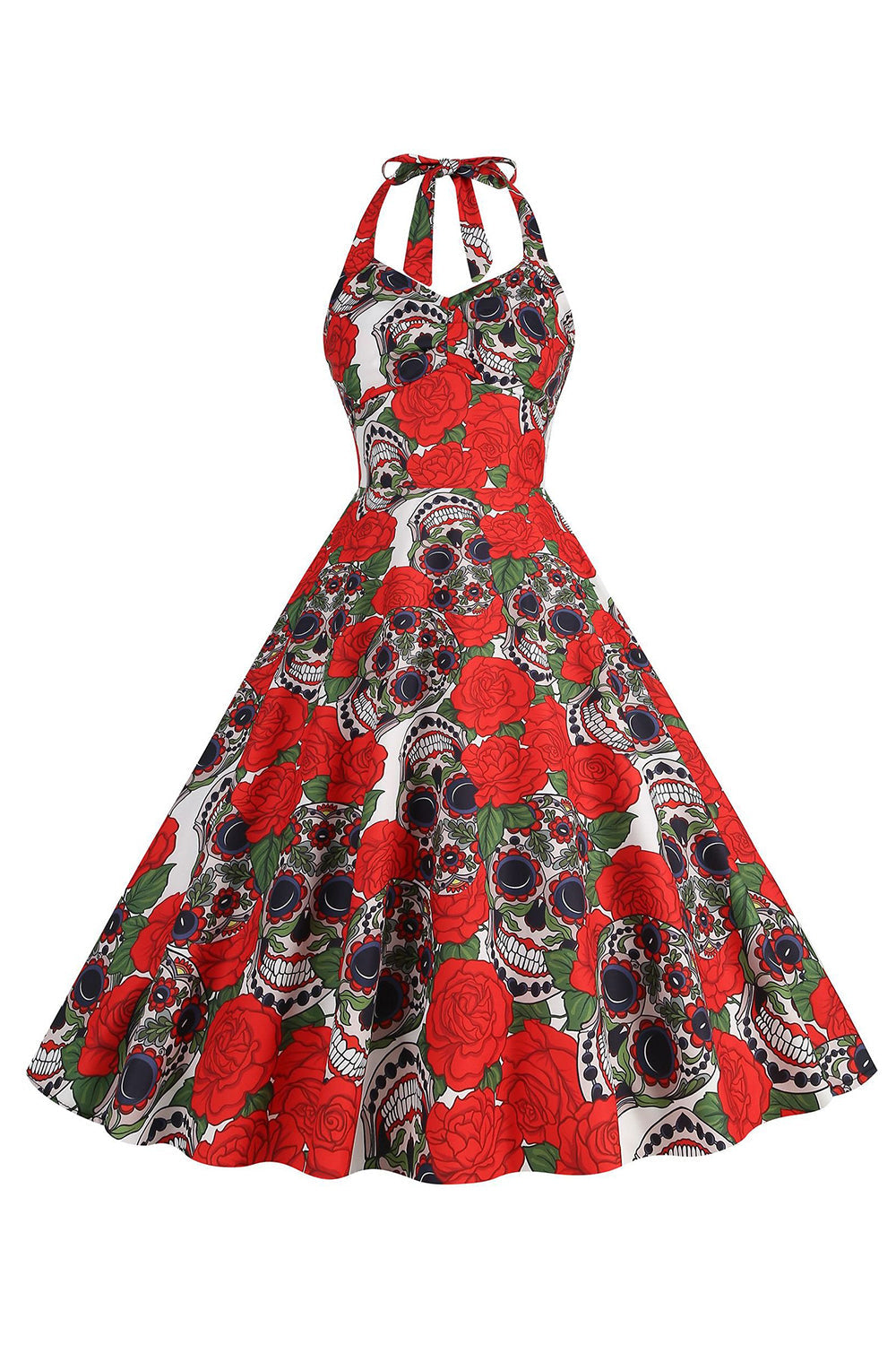 Halloween Preto Halter Abóbora Estampado 1950 Vestido