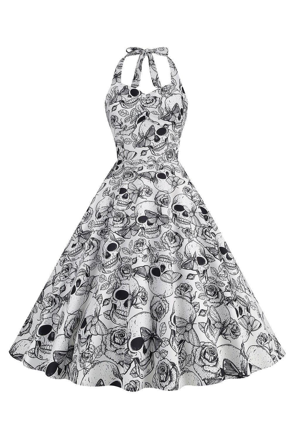 Halloween Preto Halter Abóbora Estampado 1950 Vestido