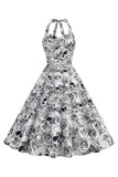 Halloween Preto Halter Abóbora Estampado 1950 Vestido