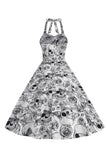 Halloween Preto Halter Abóbora Estampado 1950 Vestido