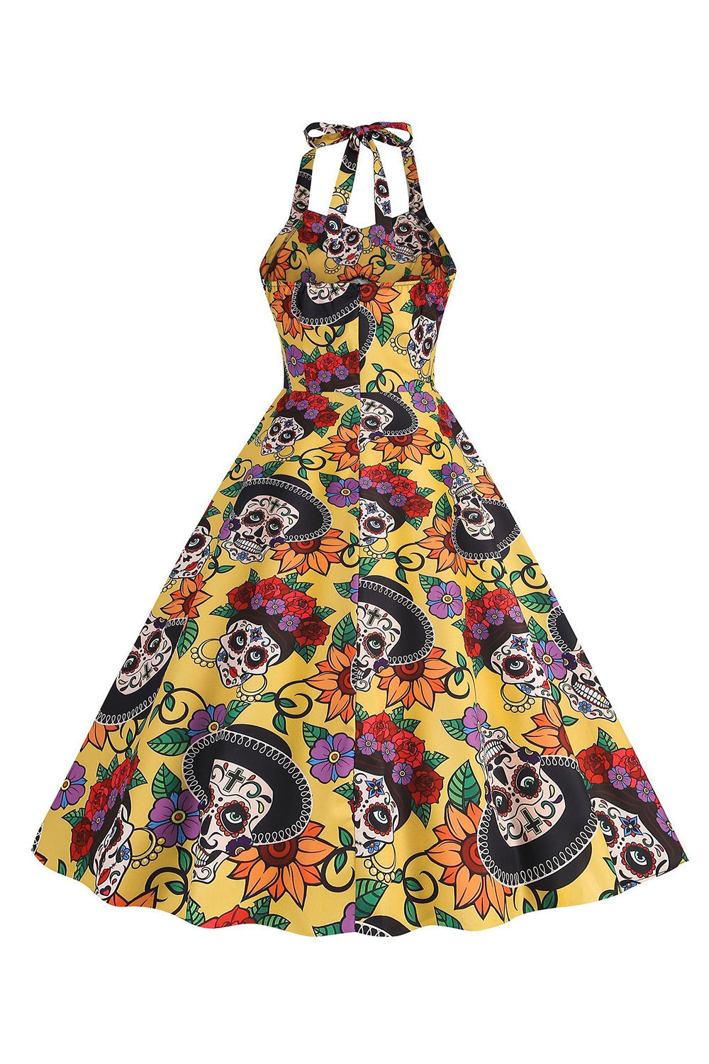 Halloween Preto Halter Abóbora Estampado 1950 Vestido