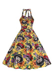 Halloween Preto Halter Abóbora Estampado 1950 Vestido