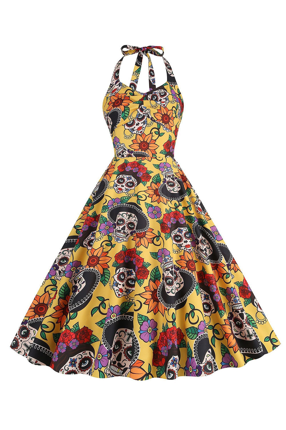 Halloween Preto Halter Abóbora Estampado 1950 Vestido