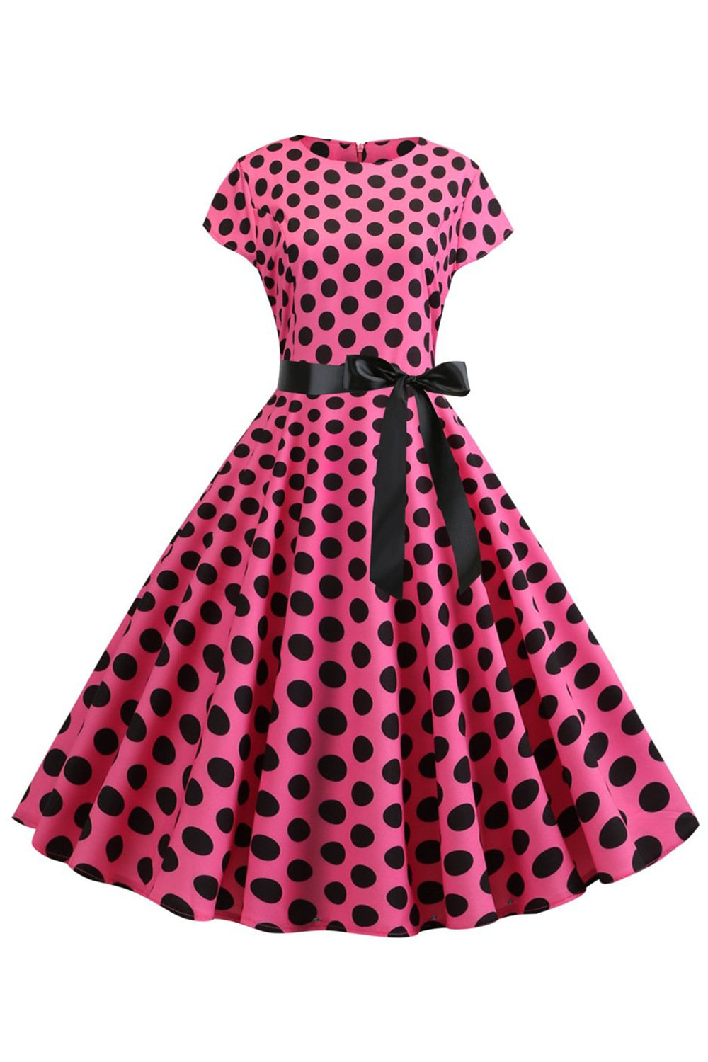 Rosa Preto Polka Dots Cap Mangas Vestido dos anos 1950