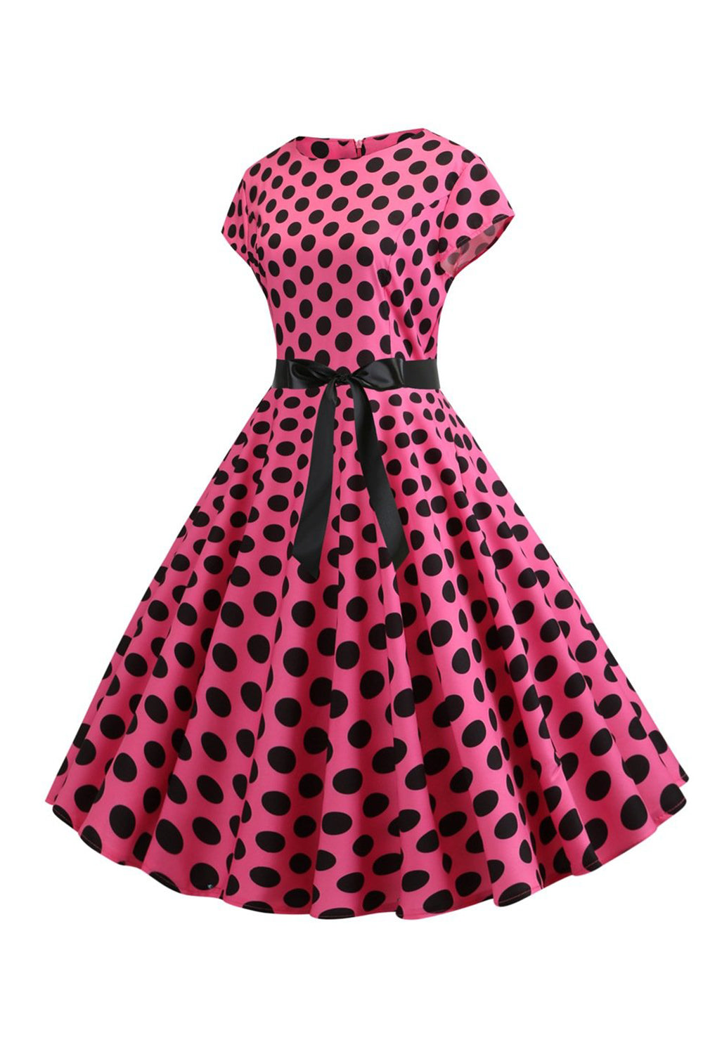 Rosa Preto Polka Dots Cap Mangas Vestido dos anos 1950