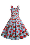 Morangos Estampado Vestido Azul Sem Mangas 1950