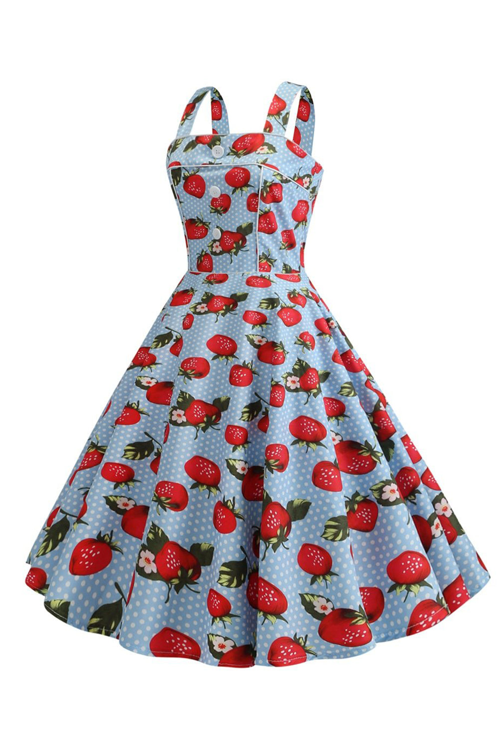 Morangos Estampado Vestido Azul Sem Mangas 1950