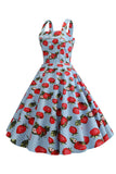 Morangos Estampado Vestido Azul Sem Mangas 1950