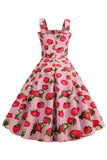 Morangos Estampado Vestido Azul Sem Mangas 1950