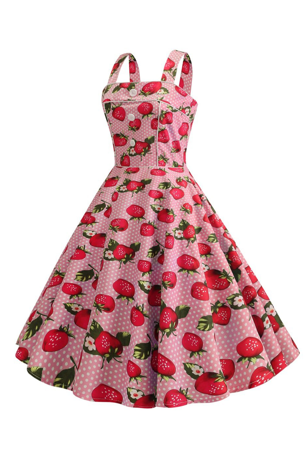 Morangos Estampado Vestido Azul Sem Mangas 1950
