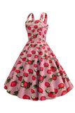Morangos Estampado Vestido Azul Sem Mangas 1950