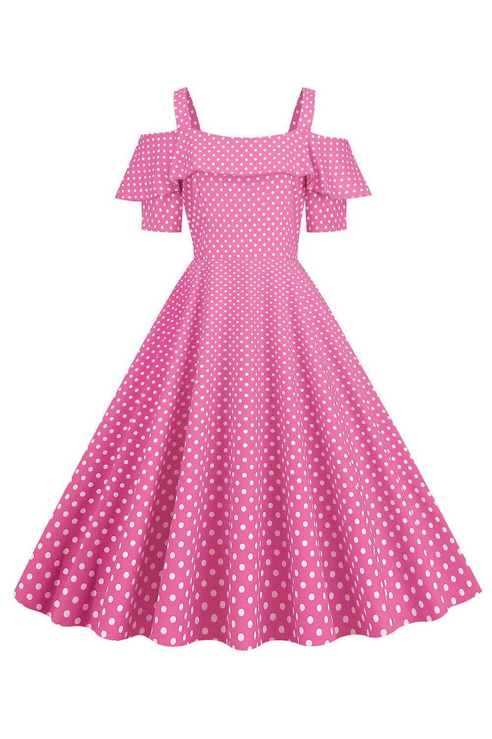Ombro frio Polka Dots Rosa 1950 Vestido