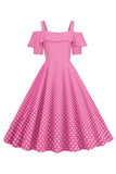 Ombro frio Polka Dots Rosa 1950 Vestido