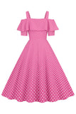 Ombro frio Polka Dots Rosa 1950 Vestido