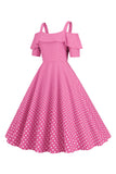 Ombro frio Polka Dots Rosa 1950 Vestido