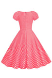 Rosa Vermelho Polka Dots Puff Mangas 1950 Vestido
