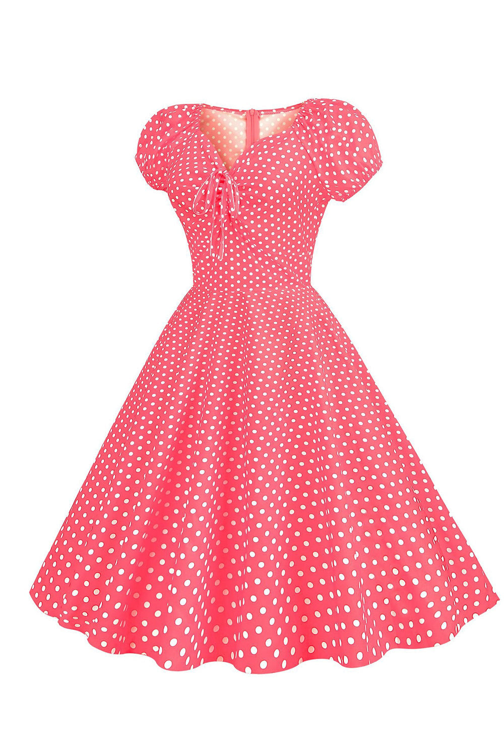 Rosa Vermelho Polka Dots Puff Mangas 1950 Vestido