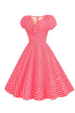 Rosa Vermelho Polka Dots Puff Mangas 1950 Vestido