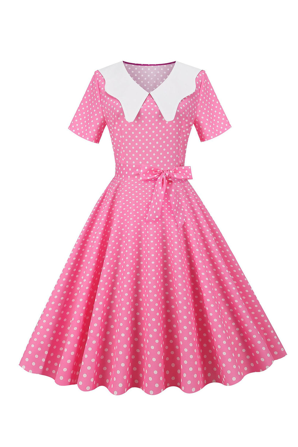 Rosa Polka Dot mangas curtas Peter Pan Vestido Vintage