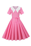 Rosa Polka Dot mangas curtas Peter Pan Vestido Vintage