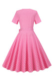 Rosa Polka Dot mangas curtas Peter Pan Vestido Vintage