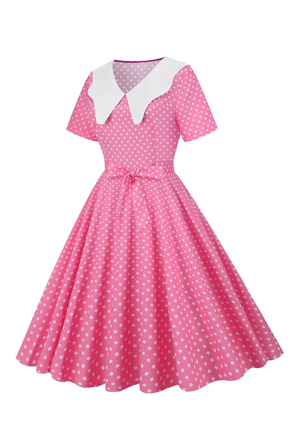 Rosa Polka Dot mangas curtas Peter Pan Vestido Vintage