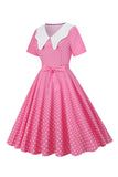 Rosa Polka Dot mangas curtas Peter Pan Vestido Vintage