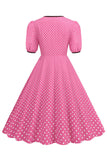 Rosa mangas curtas Polka Dots vestido dos anos 1950
