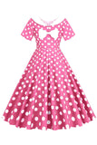 Rosa Polka Dots Boat Neck 1950 vestido com bowknot