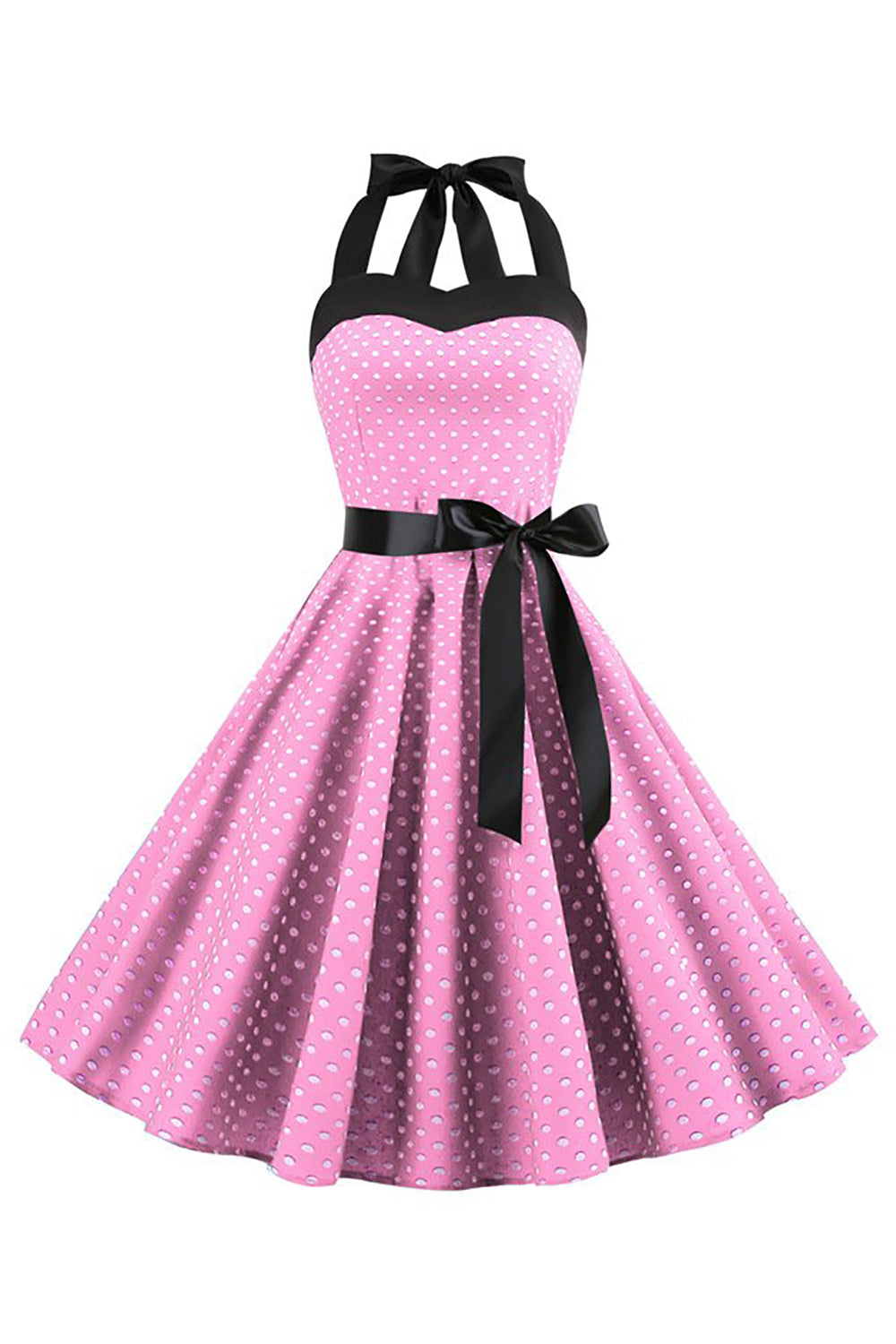 Rosa Polka Dots Halter vestido dos anos 1950 com Bowknot