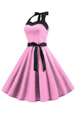 Rosa Polka Dots Halter vestido dos anos 1950 com Bowknot