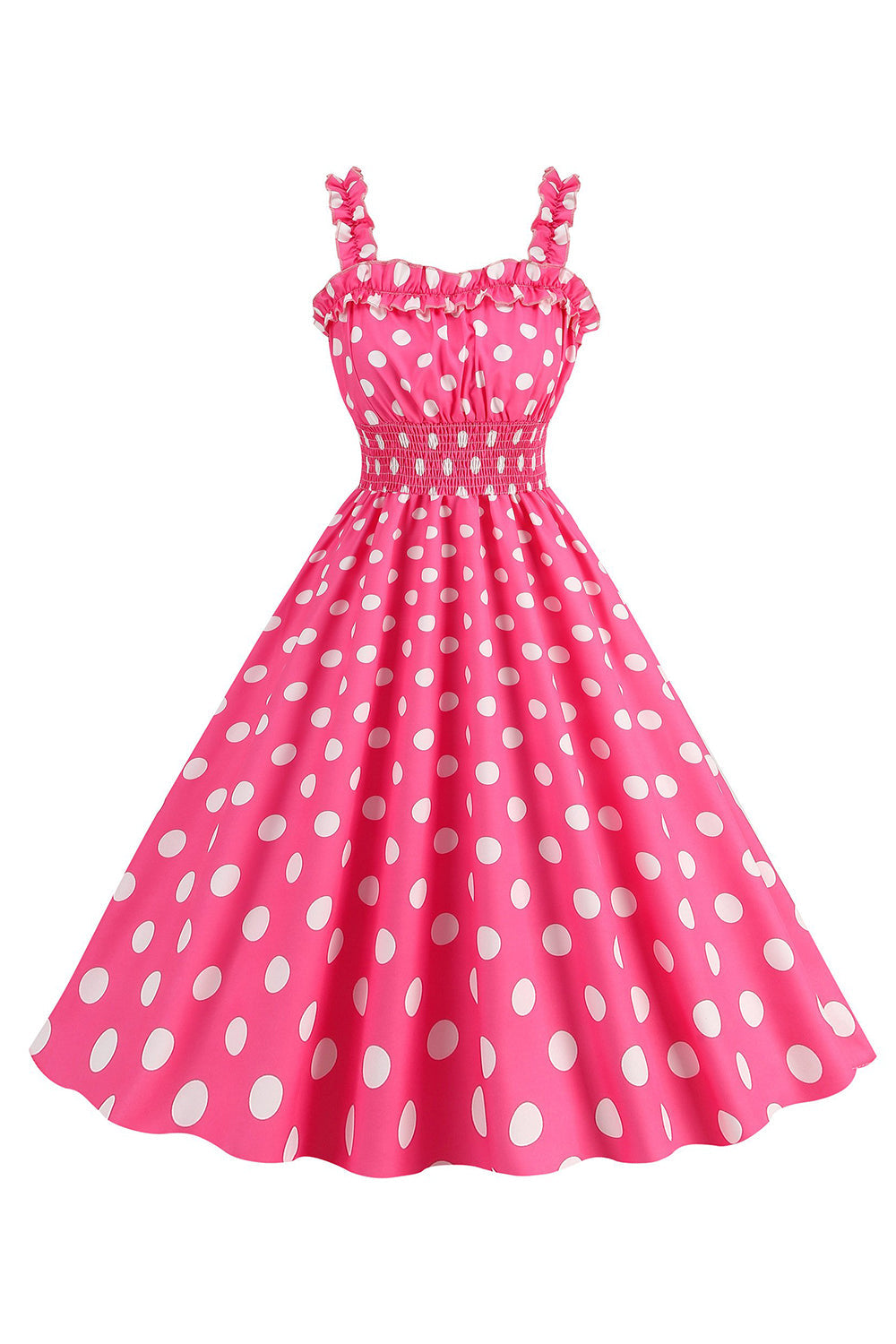 Pink Polka Dots A Line Smocked Vestido dos anos 1950