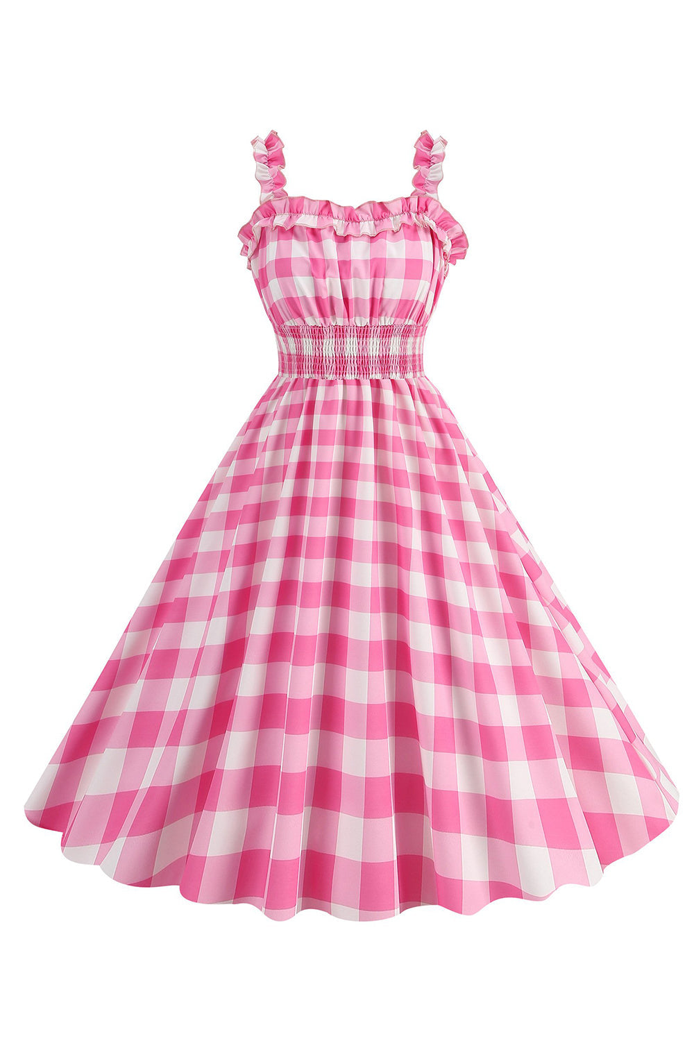 Pink Plaid A Line Smocked Vestido dos anos 1950