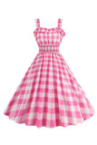 Pink Plaid A Line Smocked Vestido dos anos 1950